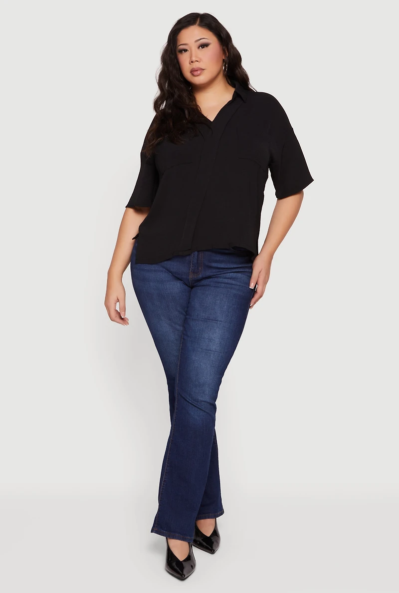 Plus Puff Sleeve Collared Blouse