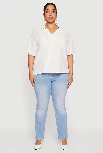 Womens Plus Puff Sleeve Collared Blouse, White,