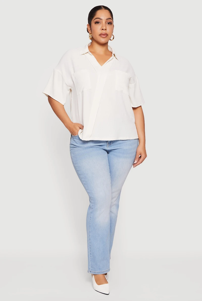 Womens Plus Puff Sleeve Collared Blouse, White,