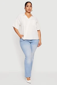 Womens Plus Puff Sleeve Collared Blouse, White,