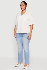 Womens Plus Puff Sleeve Collared Blouse, White,