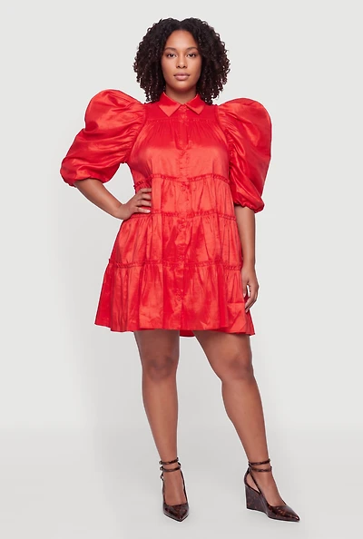 Plus Flutter Sleeve Tiered Mini Dress