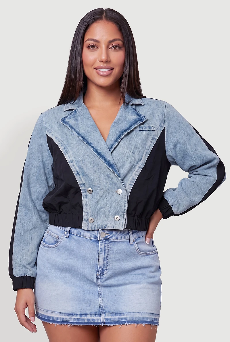 Plus Double Breasted Denim Mixed Media Bomber Jacket