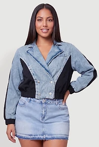 Plus Double Breasted Denim Mixed Media Bomber Jacket