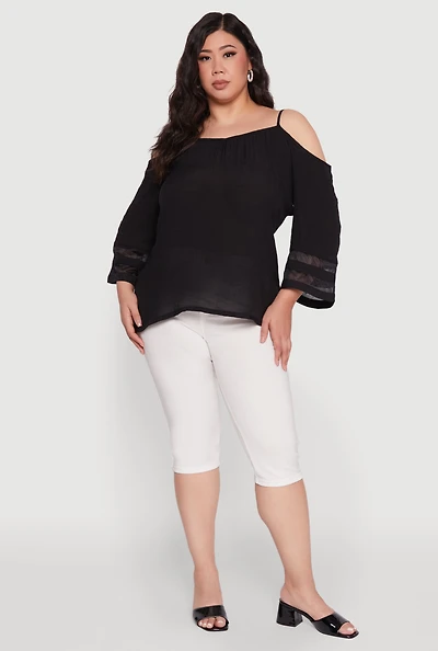 Womens Plus Chic Cold Shoulder Gauze Knit Top with Adjustable Straps,