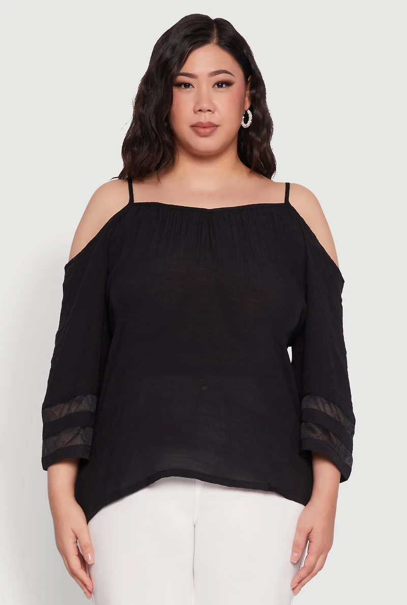 Womens Plus Chic Cold Shoulder Gauze Knit Top with Adjustable Straps,