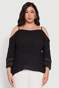 Plus Chic Cold Shoulder Gauze Knit Top with Adjustable Straps