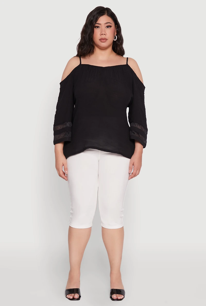 Womens Plus Chic Cold Shoulder Gauze Knit Top with Adjustable Straps,