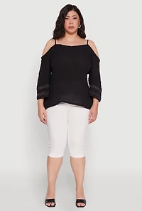 Womens Plus Chic Cold Shoulder Gauze Knit Top with Adjustable Straps,