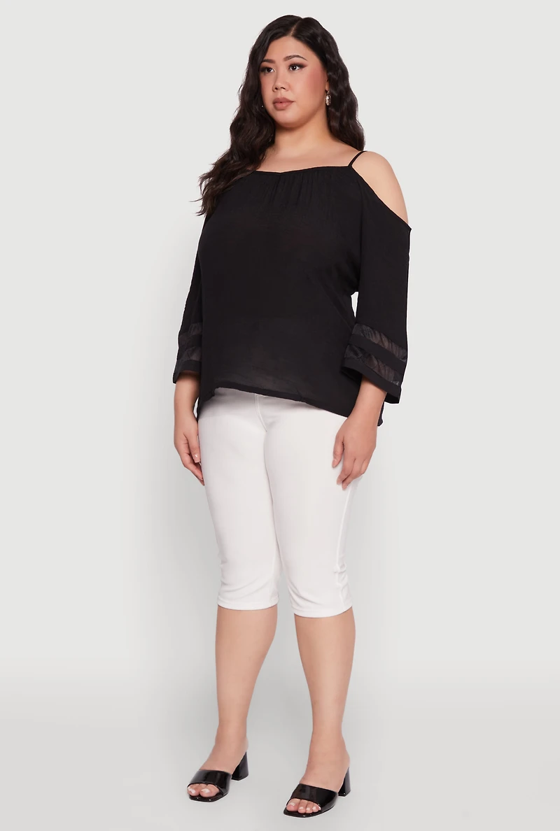 Plus Chic Cold Shoulder Gauze Knit Top with Adjustable Straps