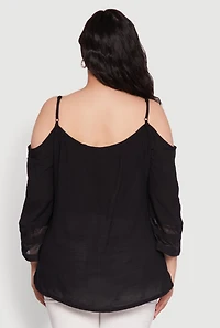 Womens Plus Chic Cold Shoulder Gauze Knit Top with Adjustable Straps,