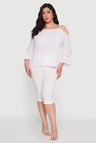 Womens Plus Size Chic Cold Shoulder Gauze Knit Top with Adjustable Straps, White, Size 1X
