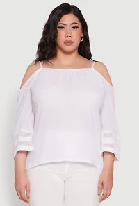 Womens Plus Size Chic Cold Shoulder Gauze Knit Top with Adjustable Straps, White, Size 1X