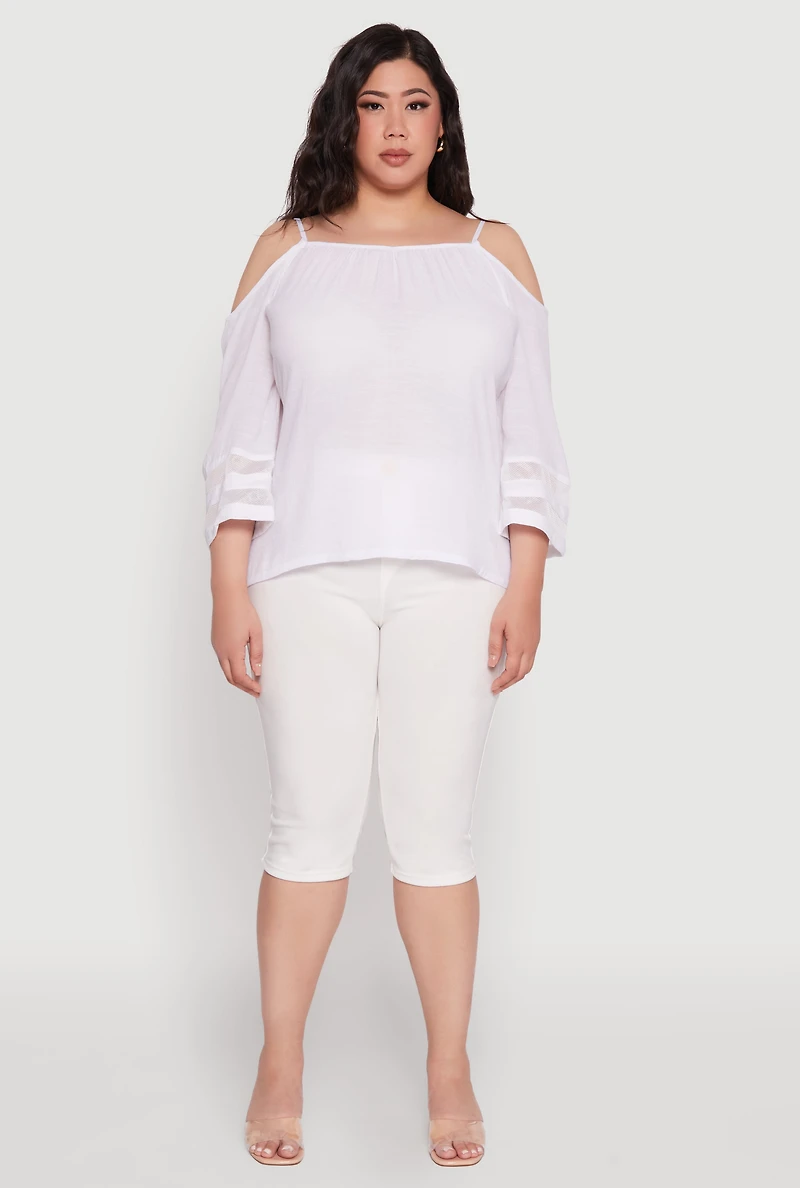 Womens Plus Size Chic Cold Shoulder Gauze Knit Top with Adjustable Straps, White, Size 1X