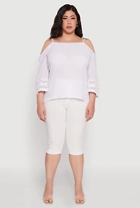 Womens Plus Size Chic Cold Shoulder Gauze Knit Top with Adjustable Straps, White, Size 1X