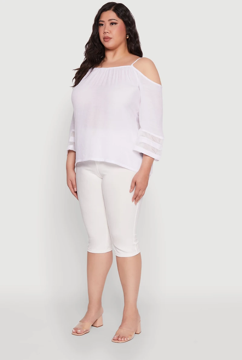 Womens Plus Size Chic Cold Shoulder Gauze Knit Top with Adjustable Straps, White, Size 1X