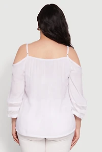 Womens Plus Chic Cold Shoulder Gauze Knit Top with Adjustable Straps, White,