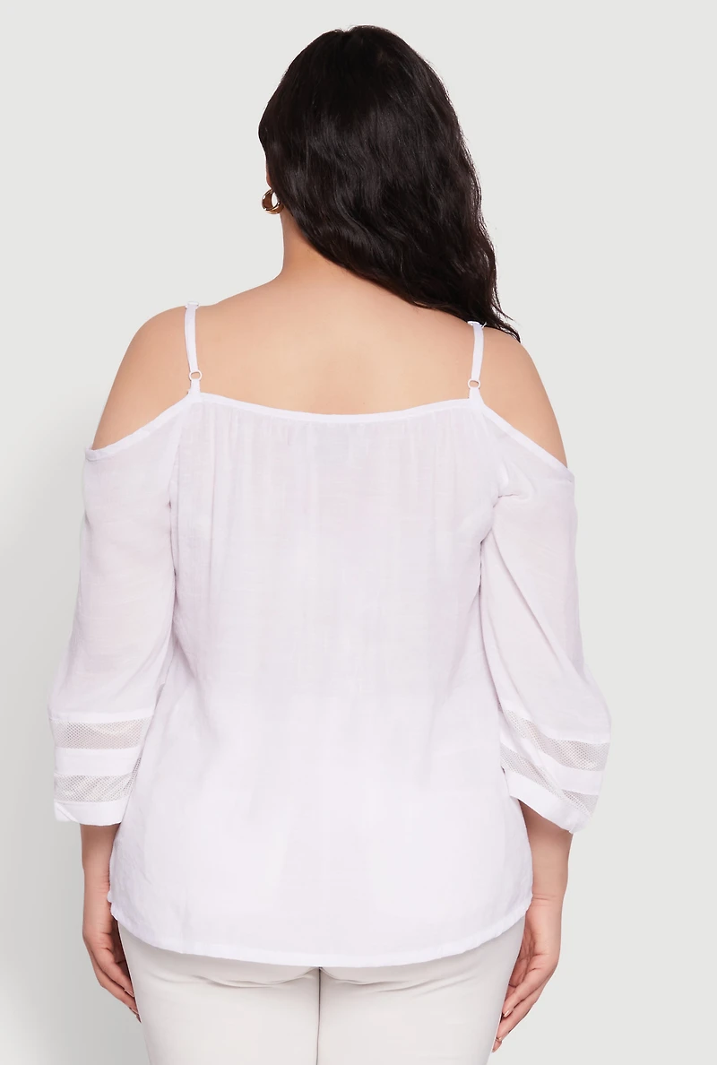 Womens Plus Size Chic Cold Shoulder Gauze Knit Top with Adjustable Straps, White, Size 1X