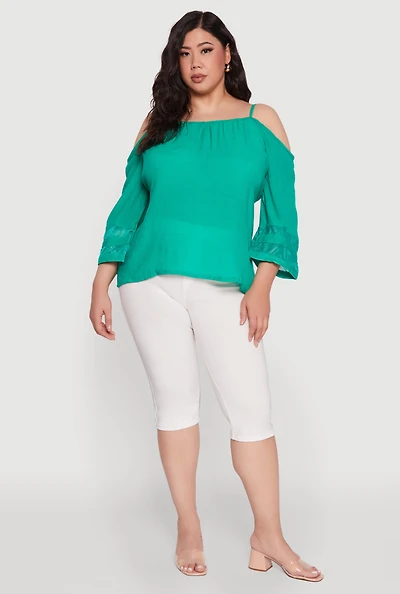 Womens Plus Size Chic Cold Shoulder Gauze Knit Top with Adjustable Straps, Green, Size 2X