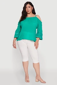 Womens Plus Size Chic Cold Shoulder Gauze Knit Top with Adjustable Straps, Green, Size 2X