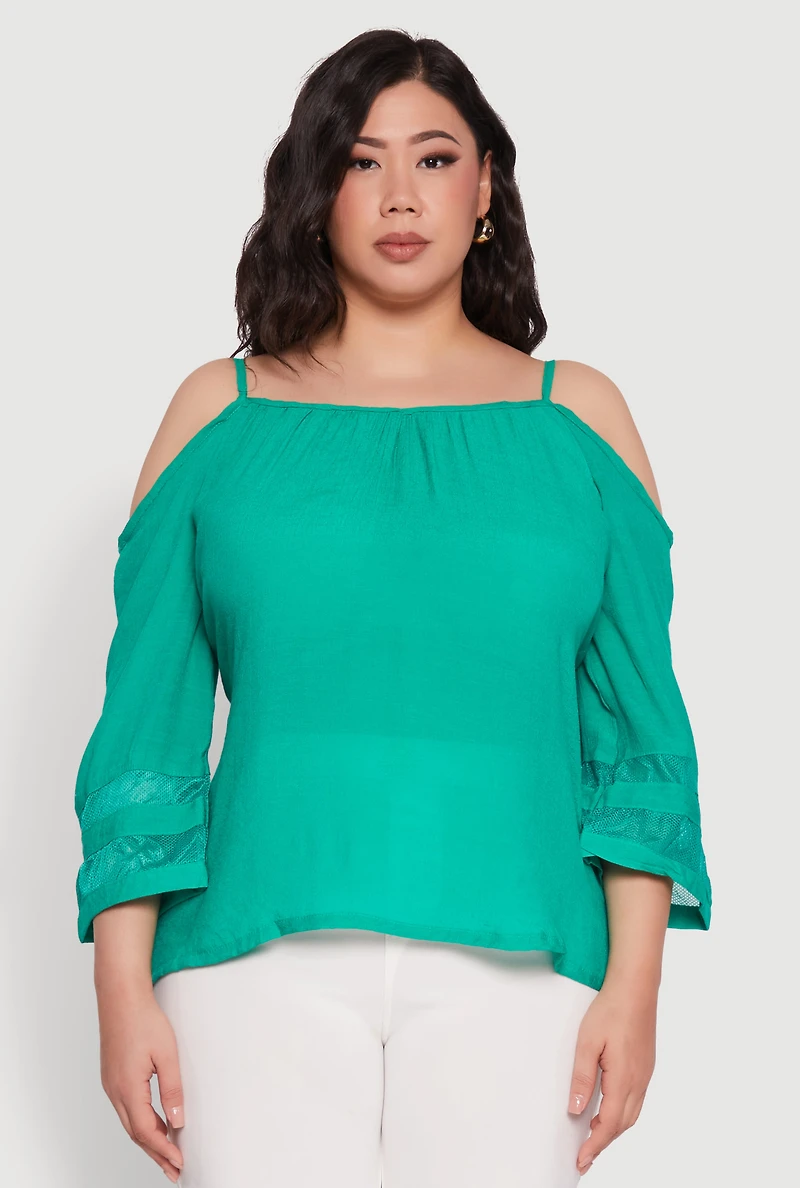 Womens Plus Size Chic Cold Shoulder Gauze Knit Top with Adjustable Straps, Green, Size 2X