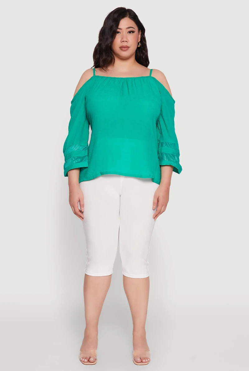 Womens Plus Size Chic Cold Shoulder Gauze Knit Top with Adjustable Straps, Green, Size 2X