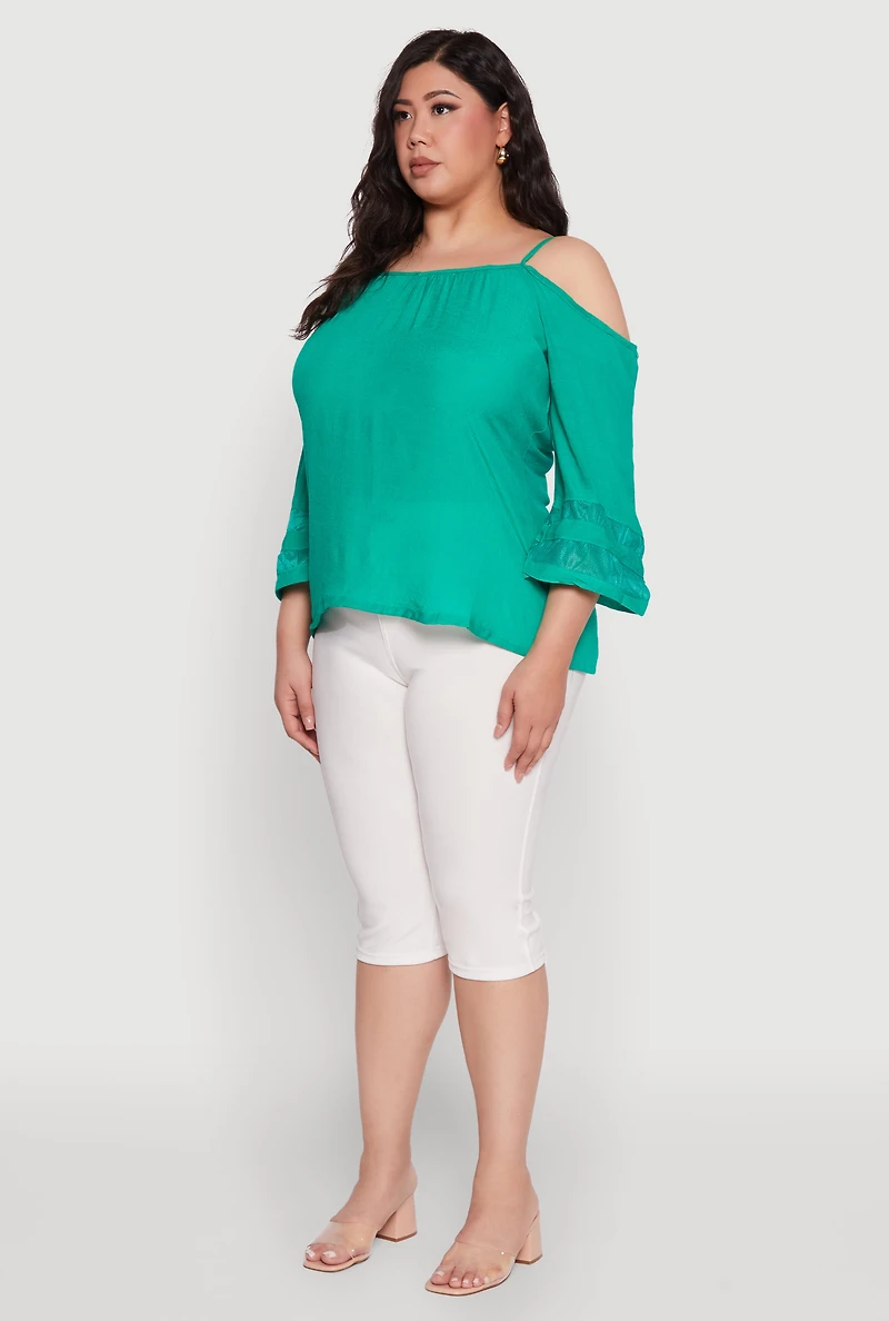 Womens Plus Size Chic Cold Shoulder Gauze Knit Top with Adjustable Straps, Green, Size 2X