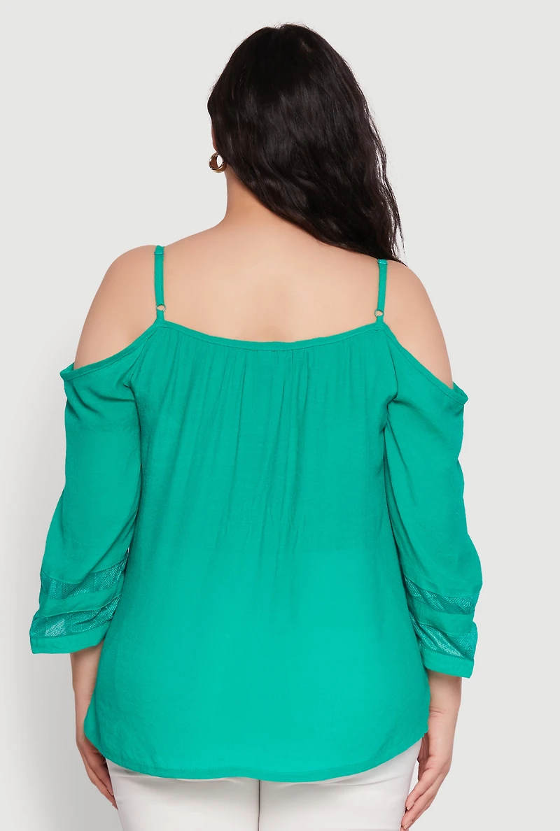 Womens Plus Size Chic Cold Shoulder Gauze Knit Top with Adjustable Straps, Green, Size 2X