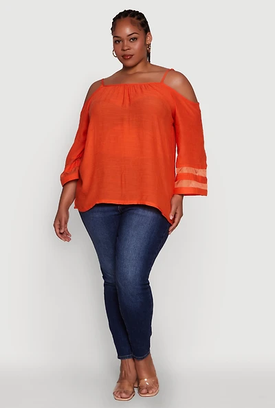 Womens Plus Chic Cold Shoulder Gauze Knit Top with Adjustable Straps, Orange,
