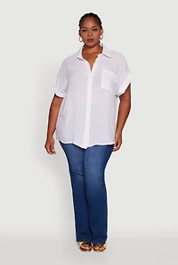 Plus Gauze Knit Button Front Dolman Sleeve Shirt