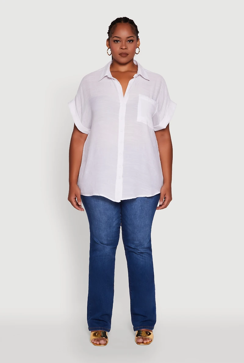 Plus Gauze Knit Button Front Dolman Sleeve Shirt