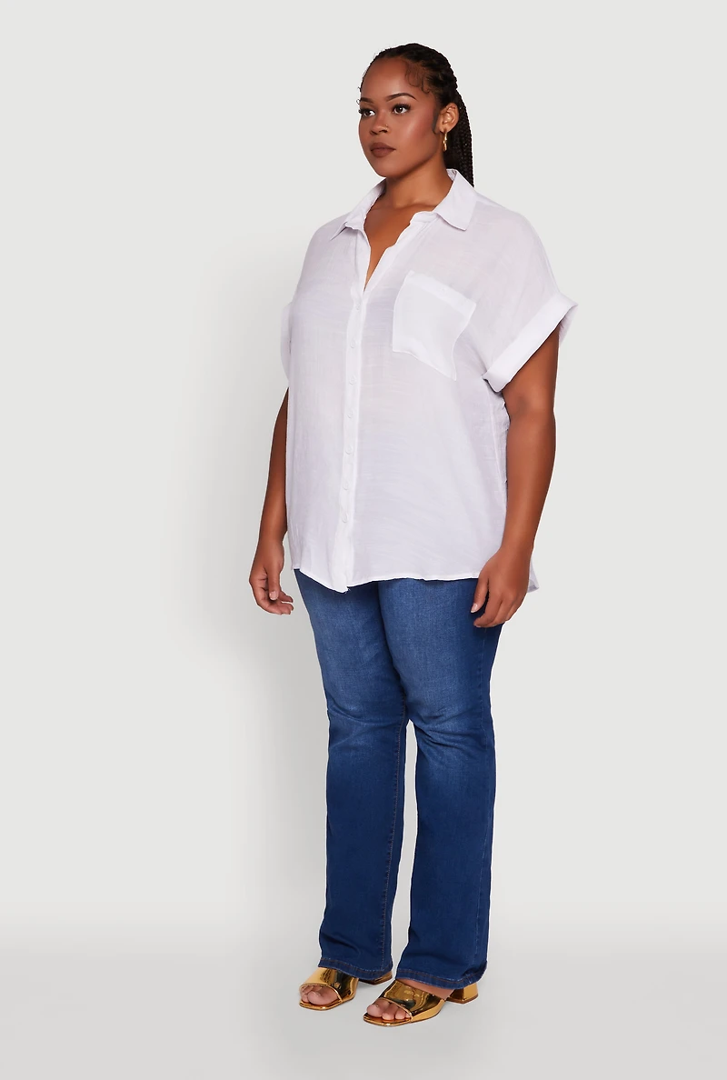 Plus Gauze Knit Button Front Dolman Sleeve Shirt