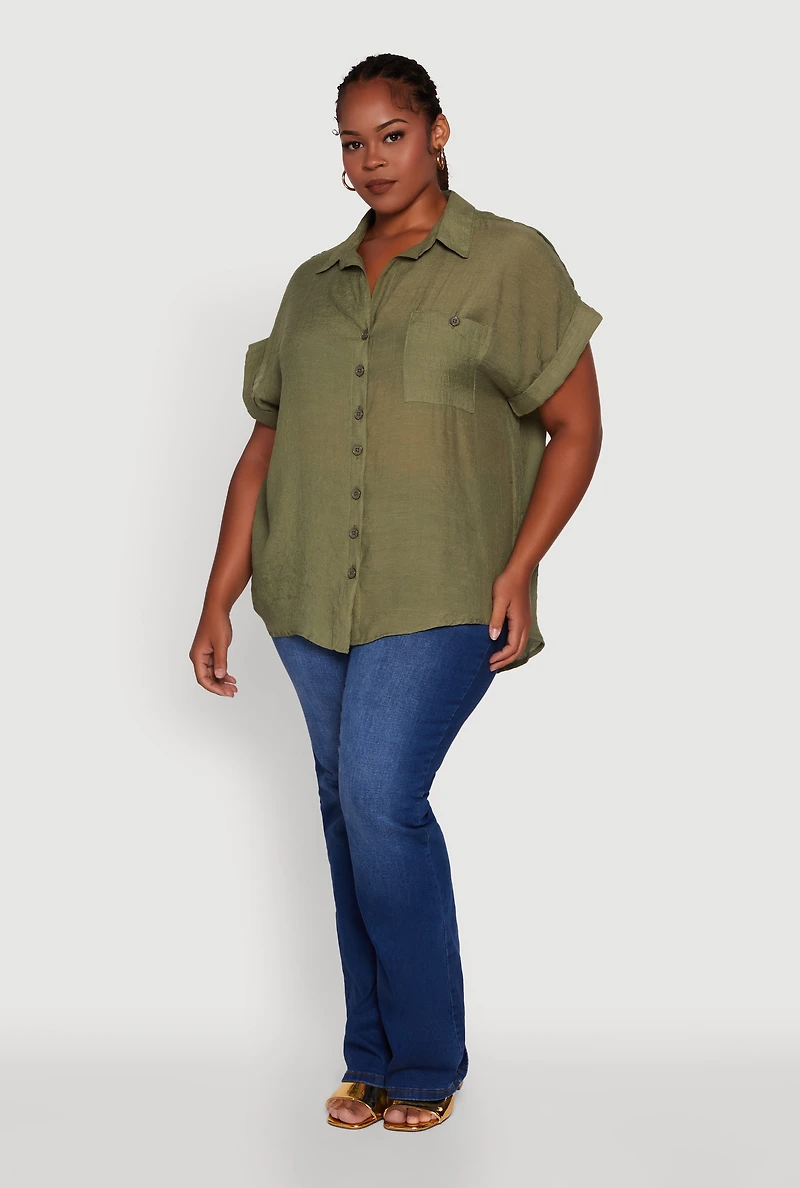 Womens Plus Gauze Knit Button Front Dolman Sleeve Shirt, 2X