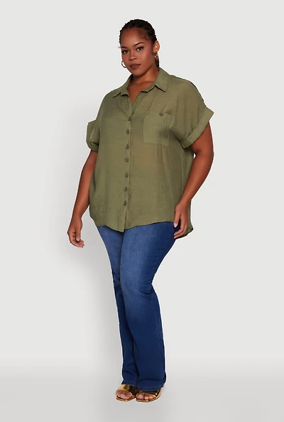 Womens Plus Gauze Knit Button Front Dolman Sleeve Shirt, 2X