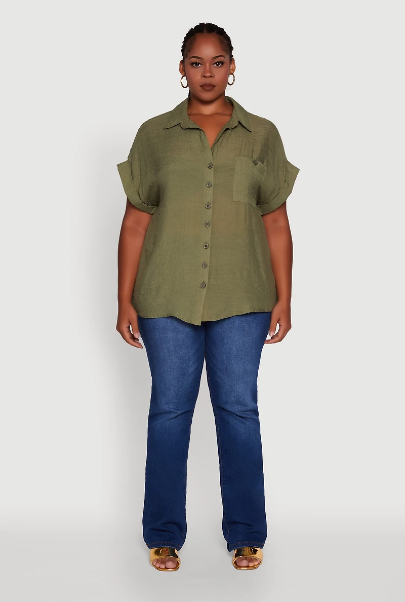 Womens Plus Gauze Knit Button Front Dolman Sleeve Shirt, Green,