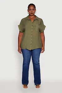 Womens Plus Gauze Knit Button Front Dolman Sleeve Shirt, Green,