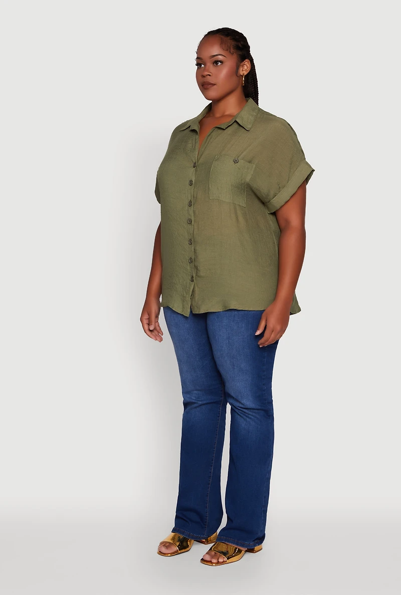 Womens Plus Gauze Knit Button Front Dolman Sleeve Shirt, Green,