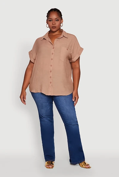 Womens Plus Gauze Knit Button Front Dolman Sleeve Shirt,