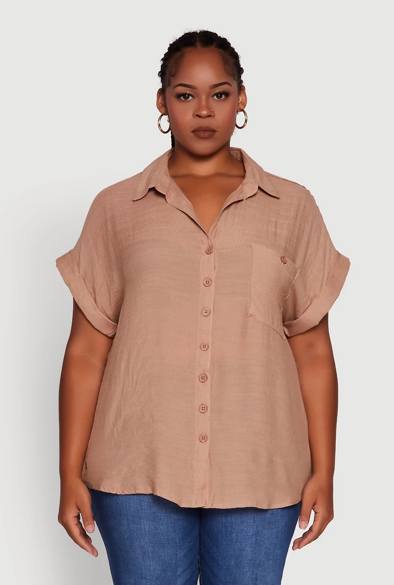 Womens Plus Gauze Knit Button Front Dolman Sleeve Shirt,