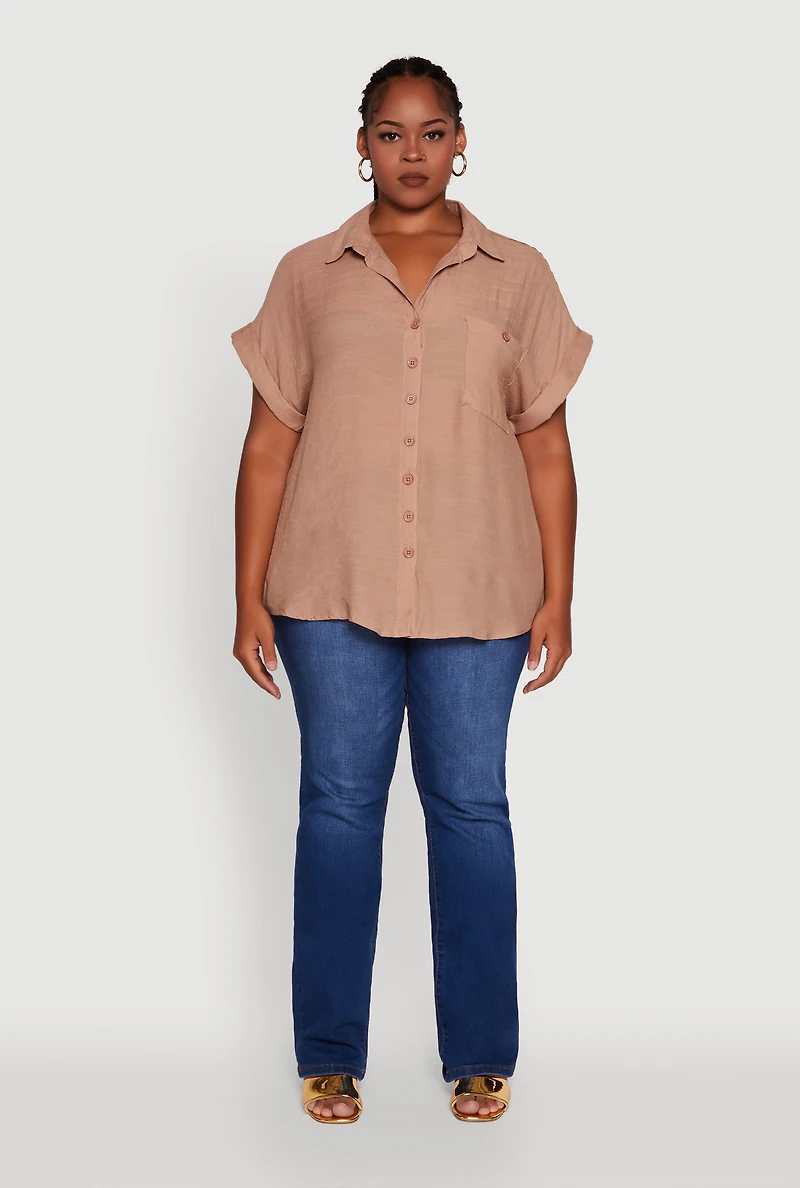 Womens Plus Size Gauze Knit Button Front Dolman Sleeve Shirt, Beige, Size 3X