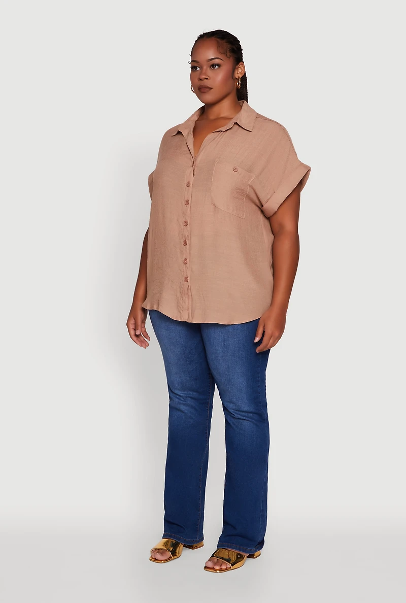 Womens Plus Gauze Knit Button Front Dolman Sleeve Shirt,