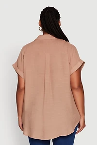 Womens Plus Size Gauze Knit Button Front Dolman Sleeve Shirt, Beige, Size 1X