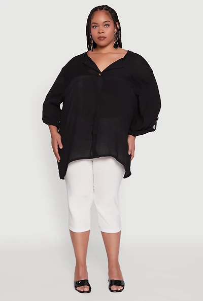 Womens Plus Size Chic Gauze Knit Button Front Notch Neck Blouse, Black, Size 1X