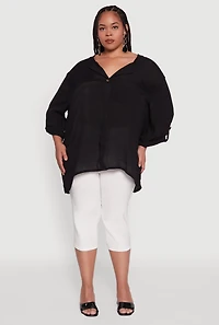 Womens Plus Size Chic Gauze Knit Button Front Notch Neck Blouse, Black, Size 1X