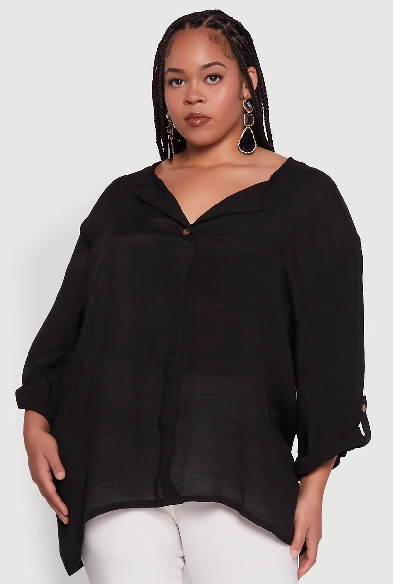 Plus Chic Gauze Knit Button Front Notch Neck Blouse