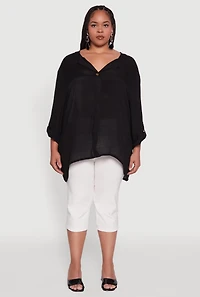 Womens Plus Chic Gauze Knit Button Front Notch Neck Blouse, Black,