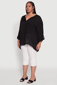 Womens Plus Chic Gauze Knit Button Front Notch Neck Blouse, 2X