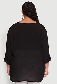 Womens Plus Chic Gauze Knit Button Front Notch Neck Blouse, Black,
