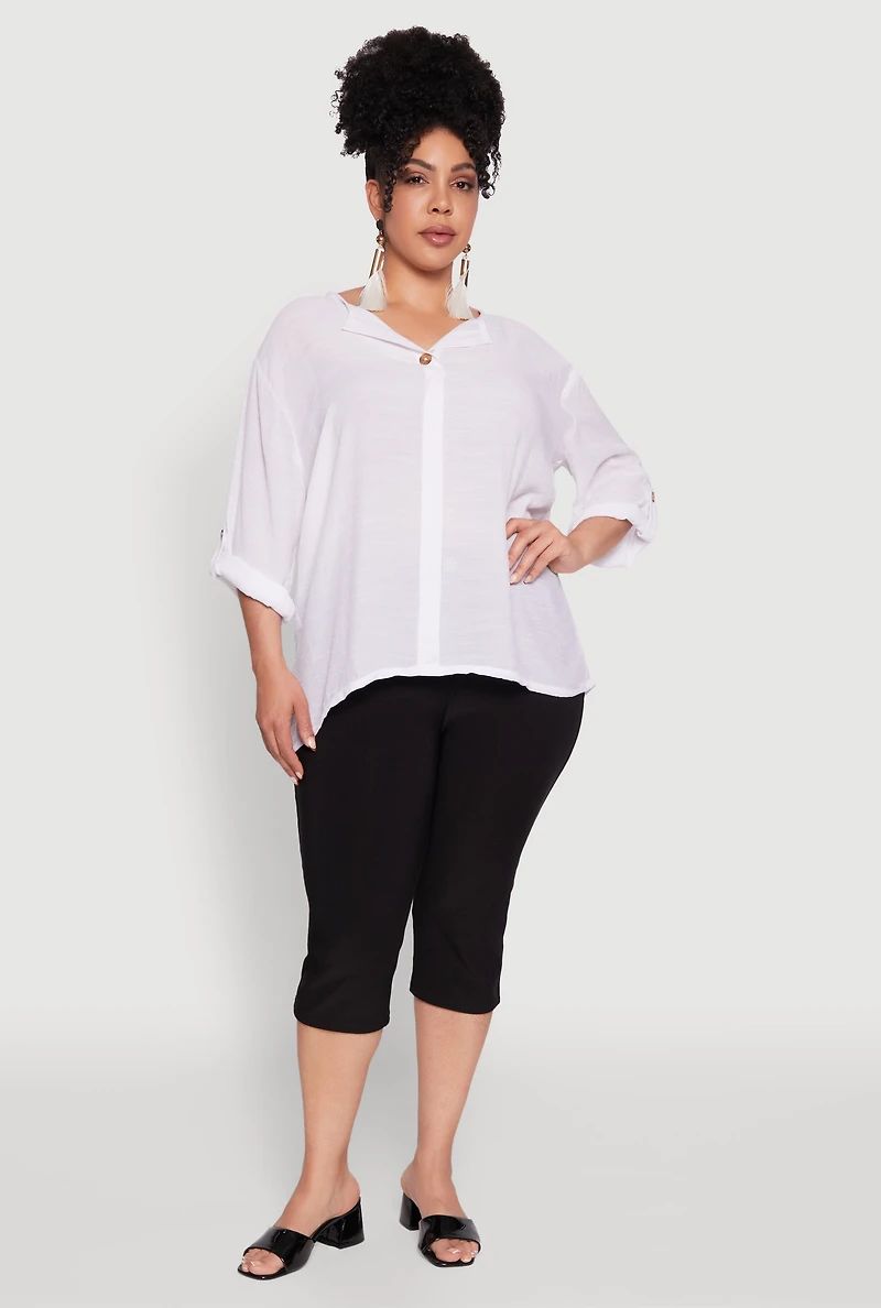 Plus Chic Gauze Knit Button Front Notch Neck Blouse