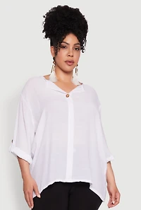 Womens Plus Size Chic Gauze Knit Button Front Notch Neck Blouse, White, Size 2X